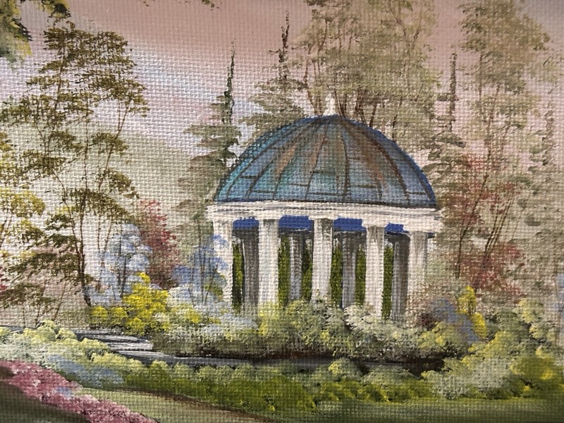 Artist Signed Cream Gold Frame Springtime Oil Painting Tulips Gazebo TK Currence gallery