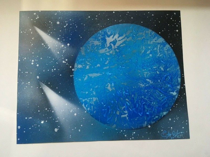 Original 8×10 spray paint space art moon BLUE planet EA STAR custom Galaxy comet