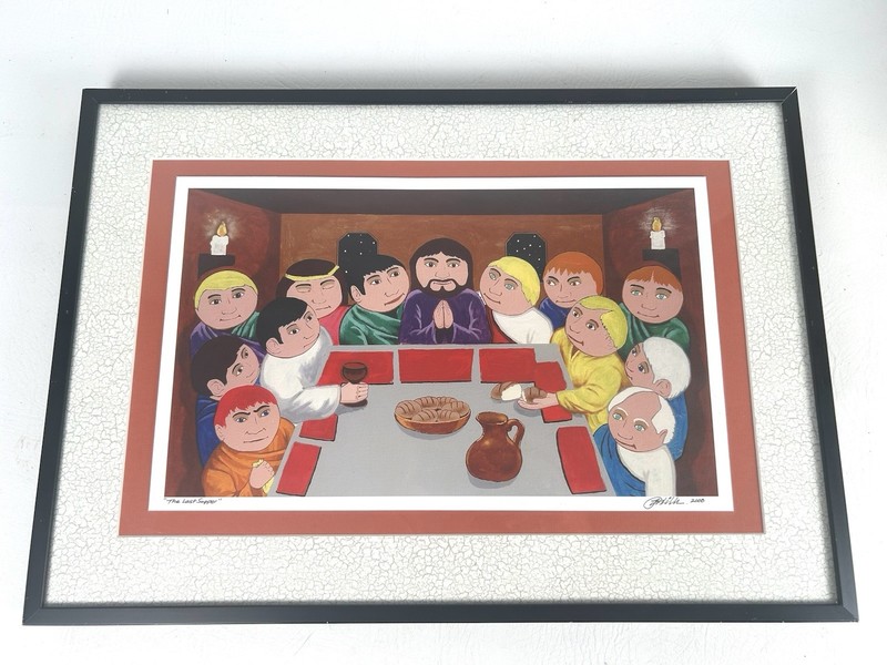 Naive Style Cartoonish Painting Of The Last Supper Signed & Dated