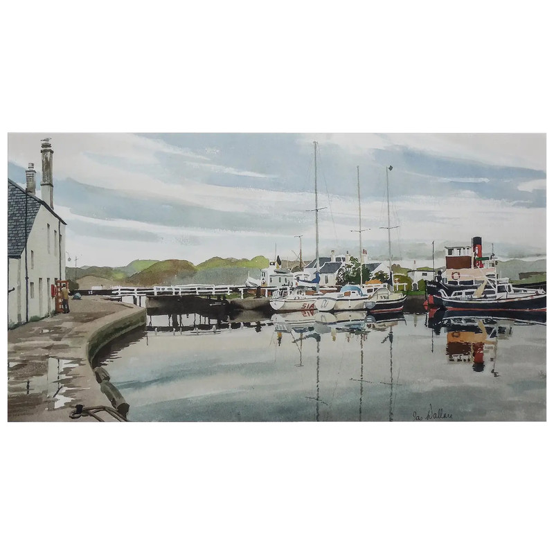 James (Jas) Wallace (British 1925 -) Entitled «Crinan» Scotland Harbour Scene