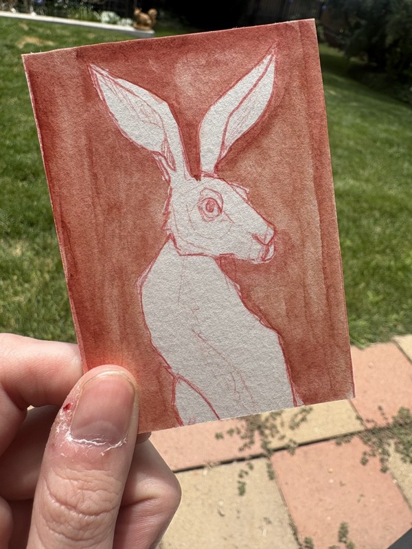 ACEO *Art Original Watercolor «Red Rabbit» 1/8 Hand Drawn 2.5″ by 3.5″