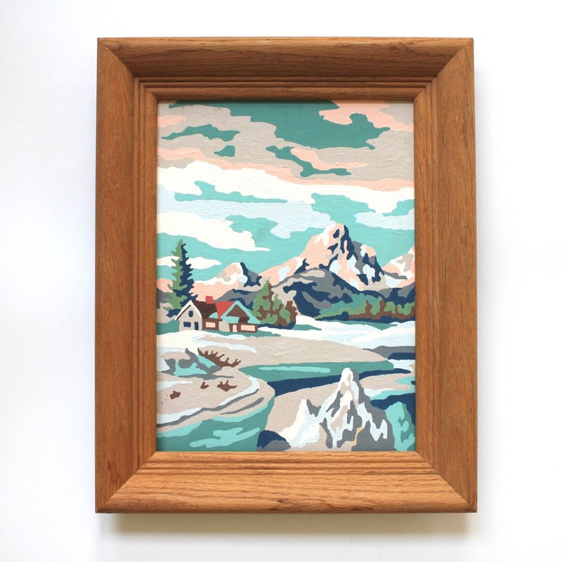 Vintage Framed Paint by Number House Cabin in the Mountains Candy Pink Skies