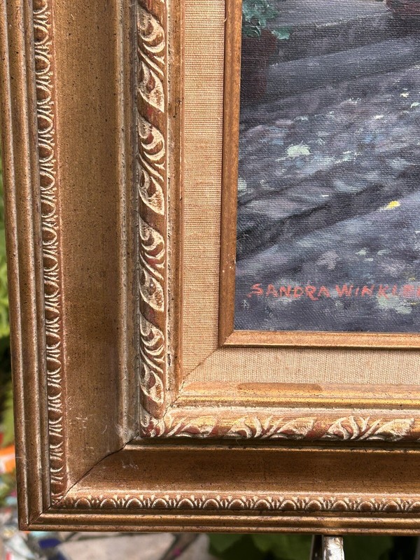 Original Oil on Canvas French Street Scene, Lady and Cat, Signed, Framed 28" gallery