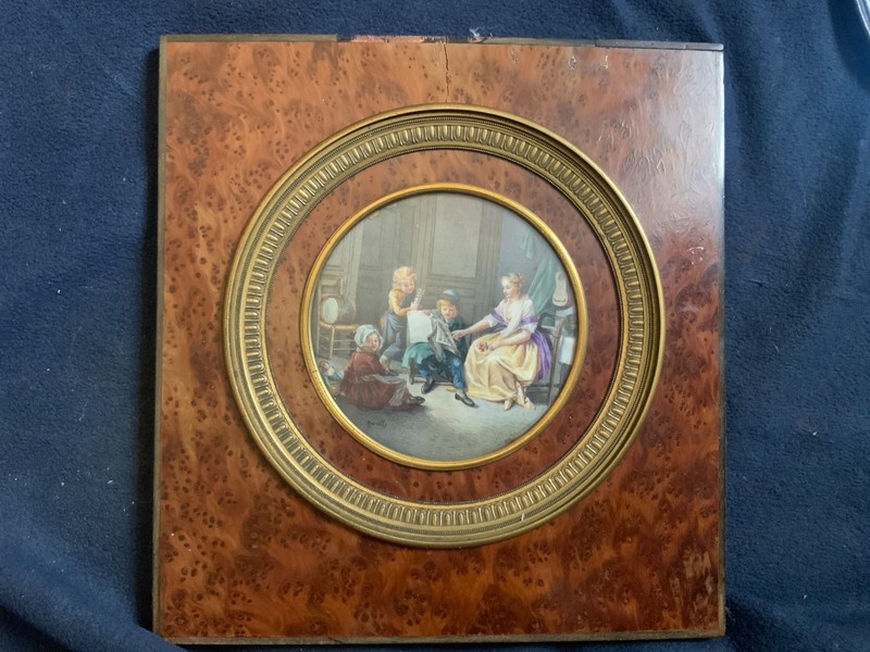 Antique Signed Interior Genre Plying Children & Woman Painting