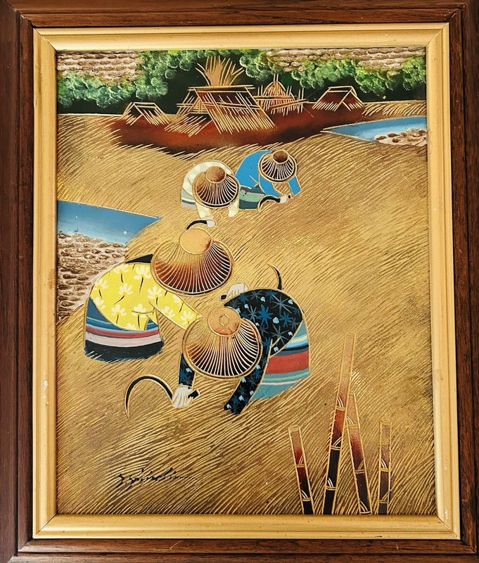 Thailand Painting Carving MASONITE 70s Framed Village Life Rice Harvest 13”x 11”