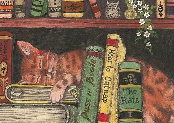 5×7 RYTA PRINT OF PAINTING BENGAL TABBY CAT FOLK ART WHIMSICAL LIBRARY OWL KITTY