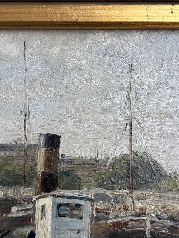 ANTIQUE PAINTING NAUTICAL FRENCH LISTED COASTAL MARINA PORT HENRI TROUSSARD OIL gallery