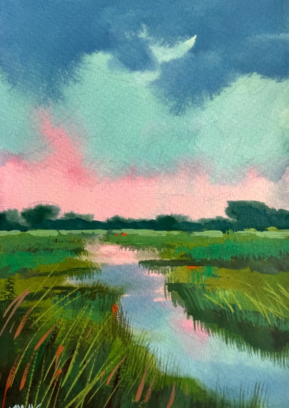 Marsh Sunset Wall Art Original Gouache Painting Miniature Lake Nature Decor 6x4 gallery