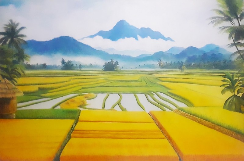 Harvest Symphony: Luminous Rice Fields – Oil Painting (135x85cm)