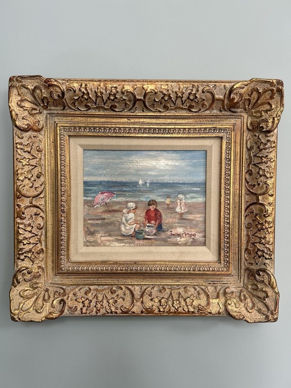 Jully Minno Framed Oil Painting Beach Scene with Children Signed. Ornate frame