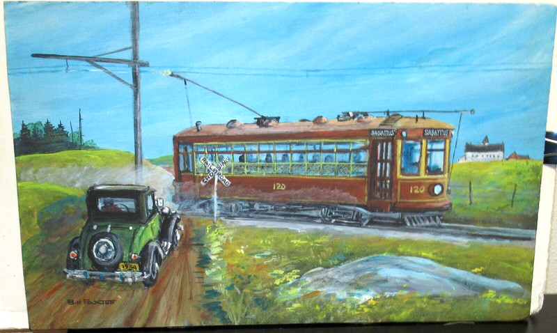WILLIAM (BILL) PAXTON SABATTUS CABLE CAR CROSSING MAINE OIL ON BOARD PAINTING