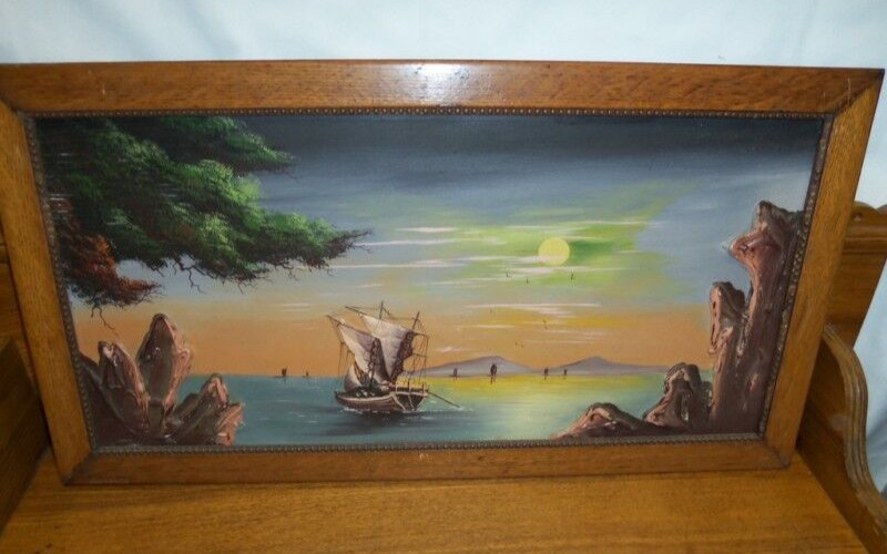 Painting on Board in Oak Frame – Boat on Ocean