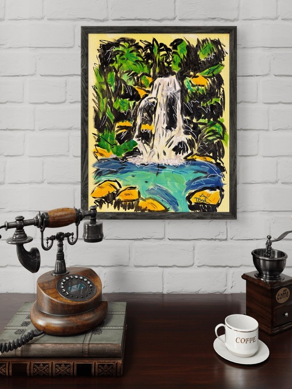 Original Tropical Waterfall Expressionist 11x14 Signed Acrylic Canvas Painting gallery