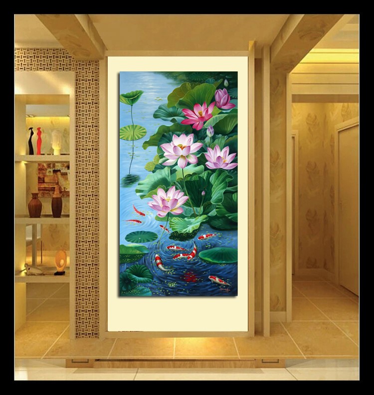 Feng Shui Lotus Landscapes Koi Fish Oil Painting Hand Painted Canvas Art Decor