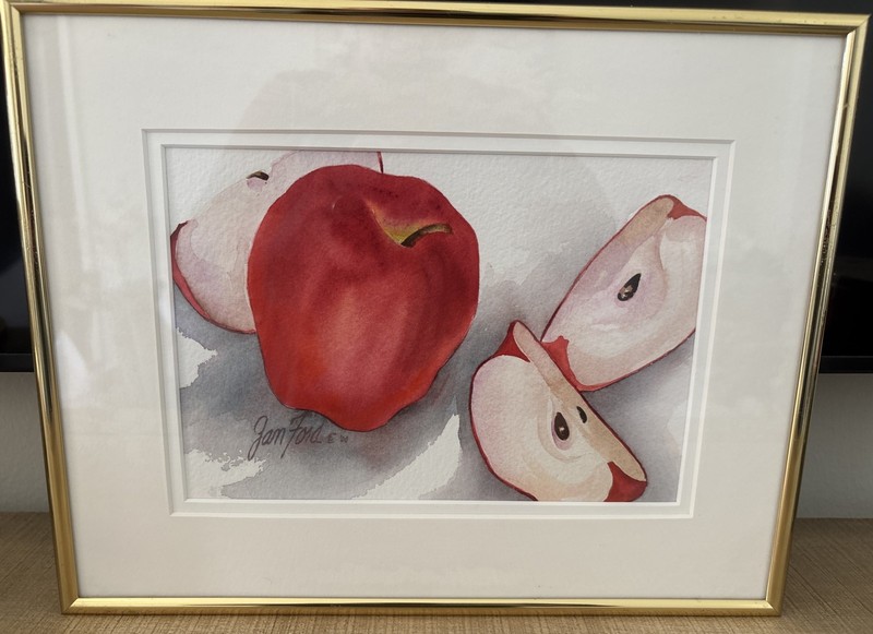 Jan Ford Watercolor On Paper Matted Framed Apples Signed ‘00 11x14 Frame Read