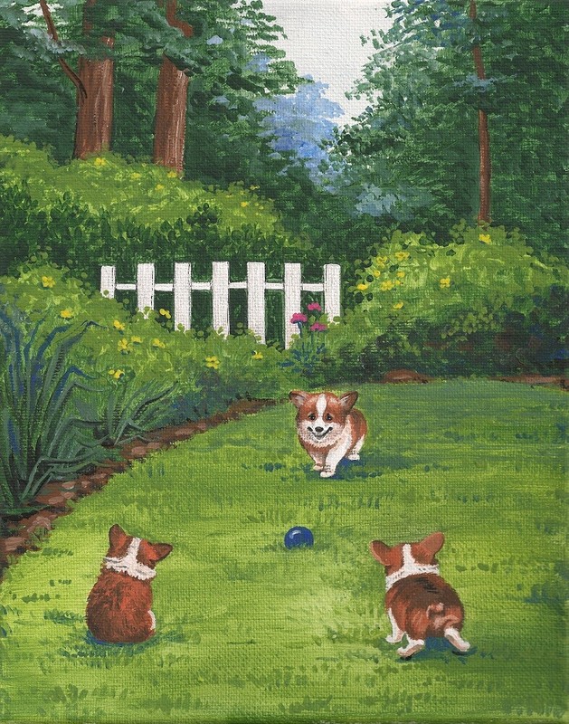 11X14 INCH PRINT OF PAINTING RYTA DOG PET CORGI LANDSCAPE PUPPY Garden folk art