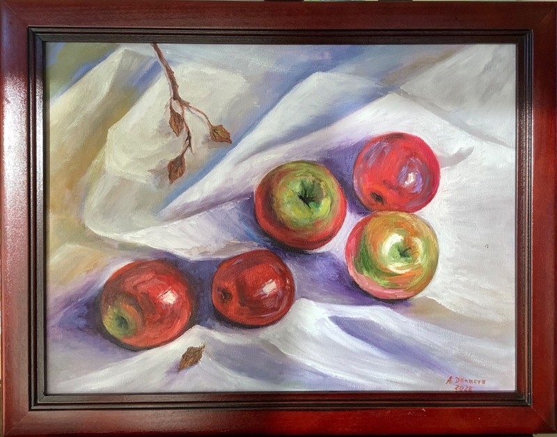 Apples on the tablecloth Original Painting Oil Framed Artwork 16×12″ on eBay