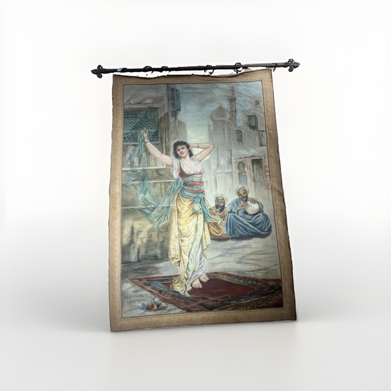 Large Antique Orientalist Tapestry Wall Hanging Belly Dancer Egyptian Signed