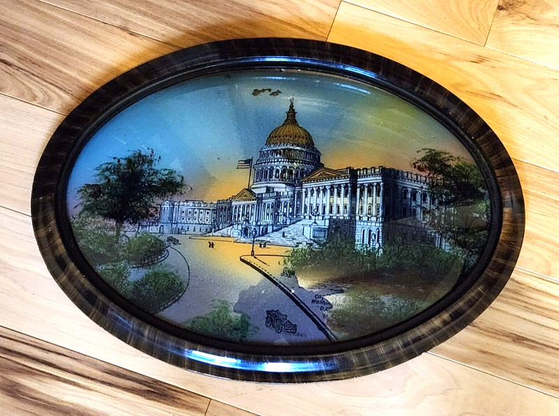 Vtg Reverse Painting US Capitol Building Wash DC Convex Glass Tigerwood Frame