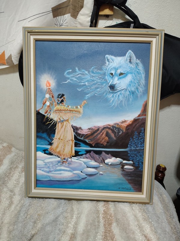 «Wolf Whisperer» by G Matusiak Painting (Mint) 21×27in Native American Artwork