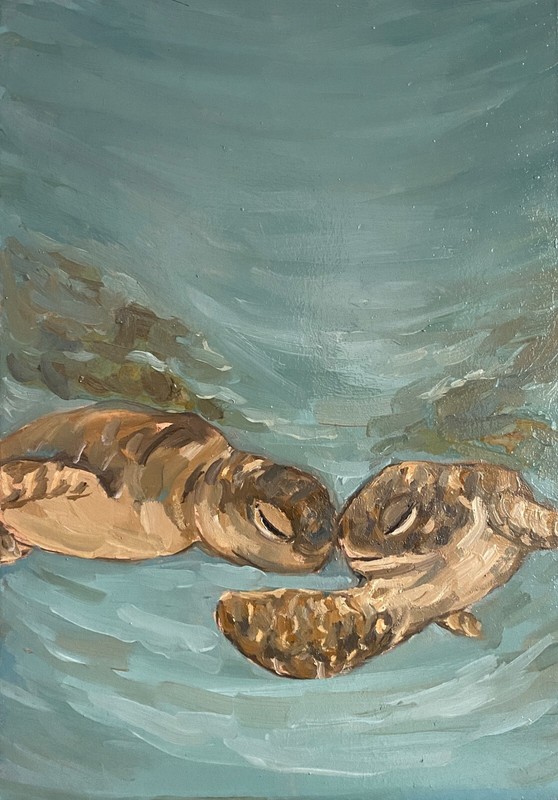 Turtle Original Oil Painting Love Animal Wall Art Couple Family Ocean Underwater
