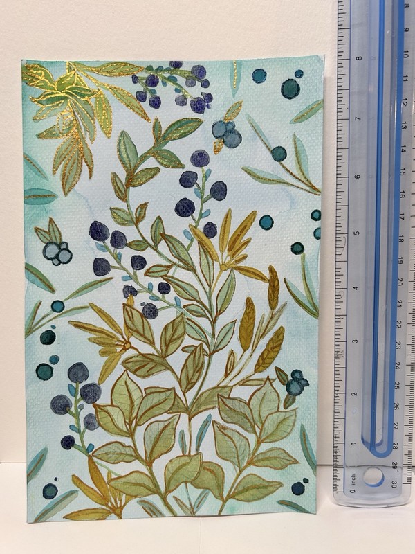 Watercolor Painting Botanical Flowers Leaves Floral Art Shimmer Gold Berries gallery