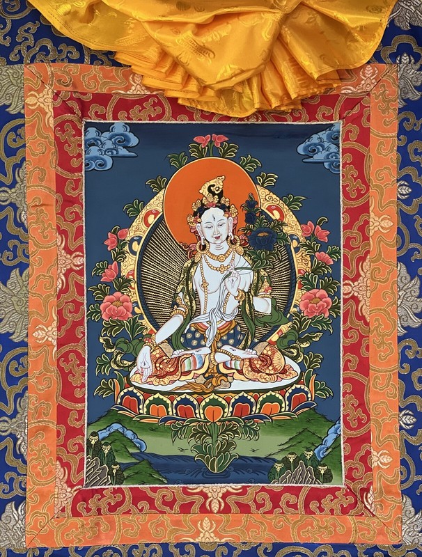 WHITE TARA MOTHER GODDESS ORIGINAL TIBETAN THANGKA PAINTING WITH SILK BROCADE gallery