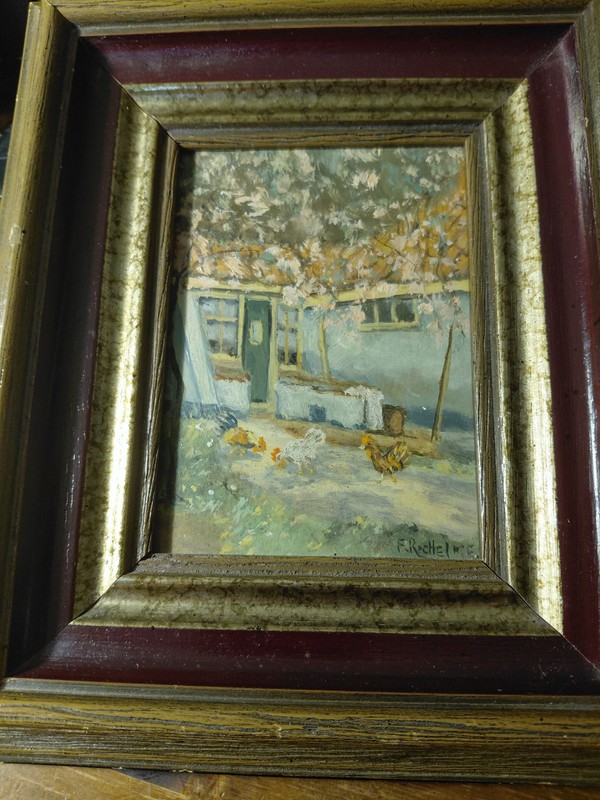 Vintage Petite Oil Painting Cottage Garden with Chickens, Signed F. Reche gallery