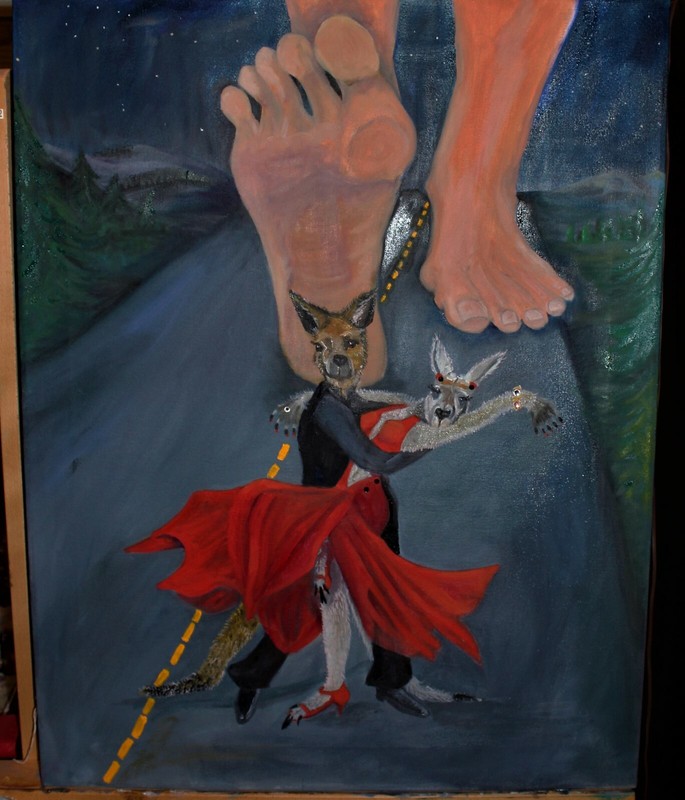 «Walkabout — Roos on the Road» – Oil on Canvas 28″ X 36″ – Beverly Goding