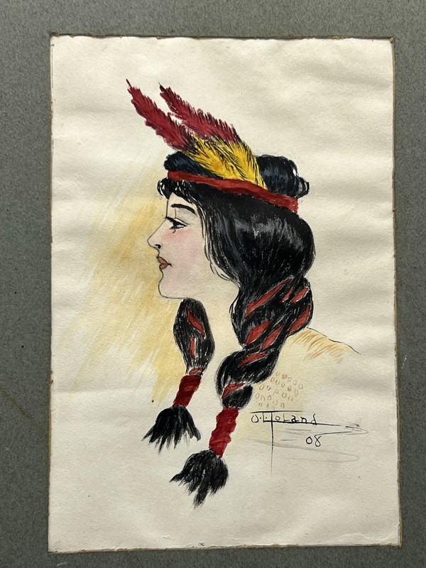 Antique Watercolor on Paper of a Native American Maiden by O.L. Toland 1908