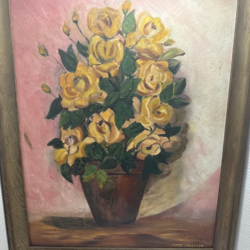 Vintage Floral Yellow Roses Oil Painting Signed Mattie Anderson 27"x 31" gallery