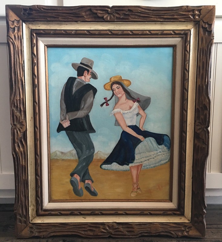 Original Oil Painting Signed Rodriguez, Vintage Folk Art Mexican Spanish Dancers