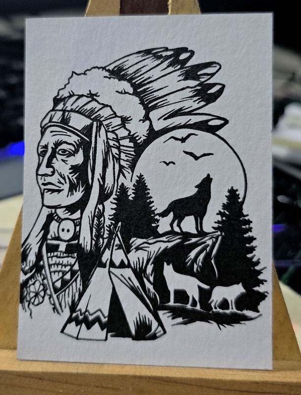 Original ACEO Native American Chief Wolf Ink Art Drawing Crazy Horse Painting