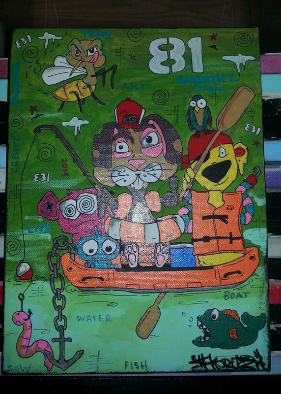 9 x 12 canvas summer camping boat animals cooler fish shortiez ink graffiti art