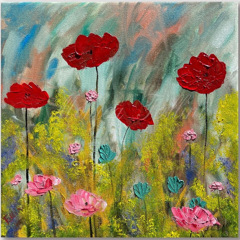 Red Poppies garden flowers oil painting 12 x 12 inch contemporary art by Fallini