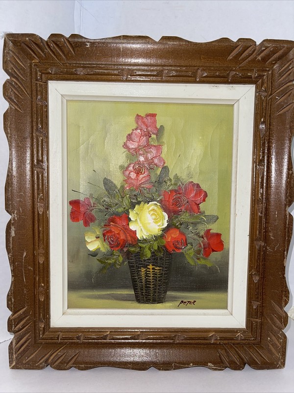 Floral Bouquet Painting Roses Red Yellow Flowers Antique Wood Framed 12x14”
