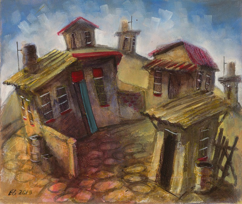 CUBAN ART #086 ** GONZALES ** HOUSES ON THE HILL 24 X 18″ SIGNED ON CANVAS