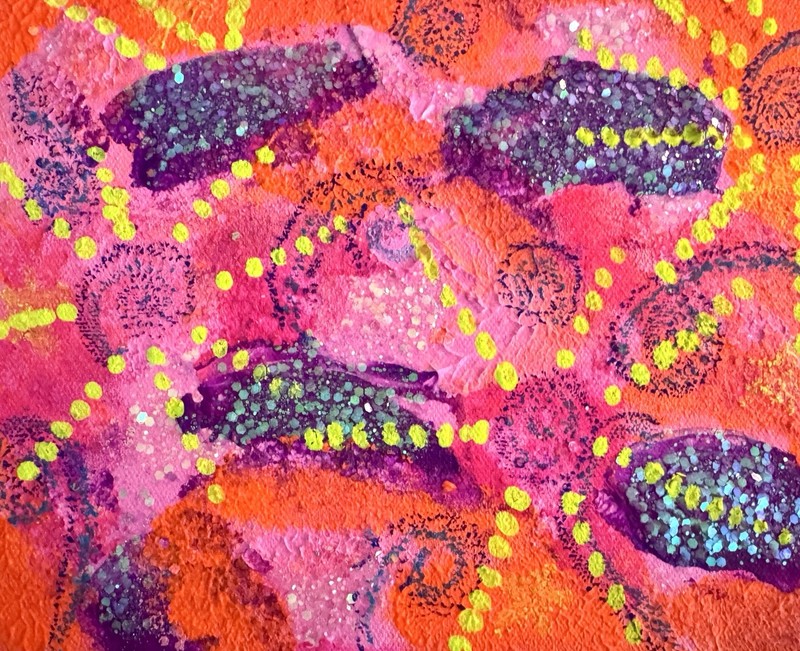Abstract textured painting | canvas | orange pink purple w/ yellow green dots |