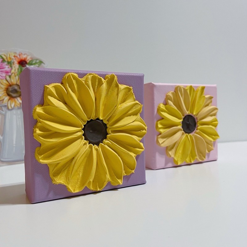 Set Of 2 3D Textured Sunflower Painting, Mini 3D Sunflower Art, Handmade Artwork