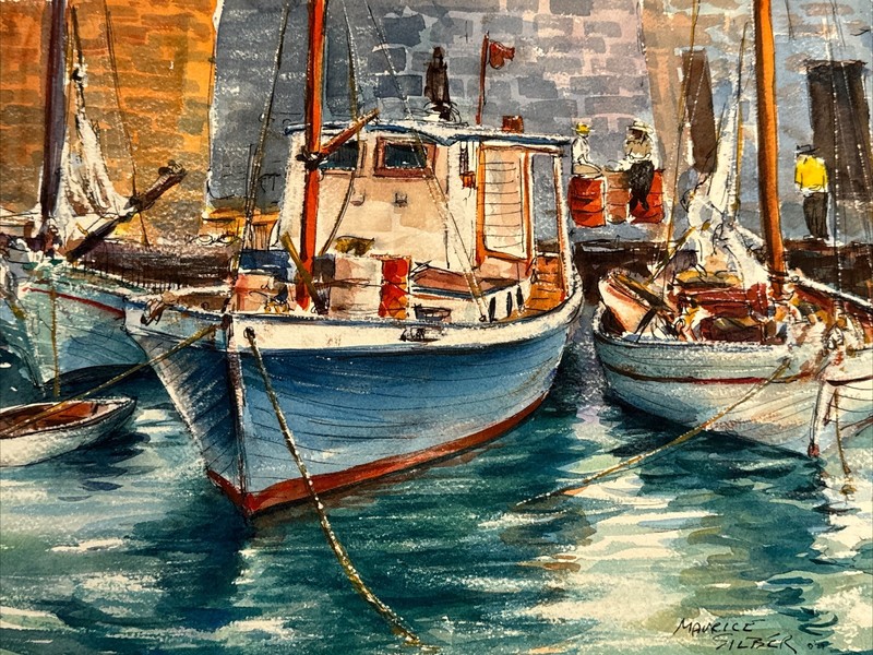PAINTING NAUTICAL BOAT MARINA PORT MAURICE SILBER FAMOUS NEW YORK As Is LISTED