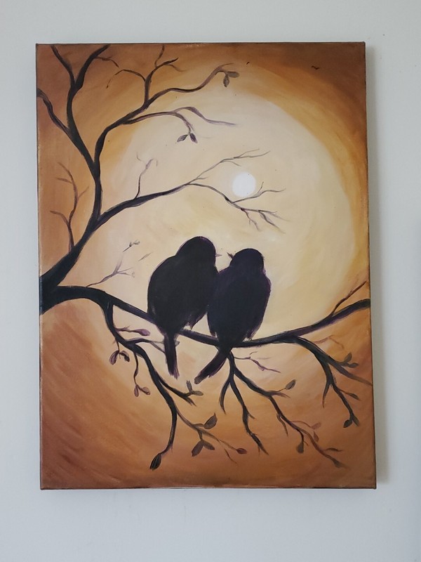 Golden Love Birds art Painting Gift Celebrate Anniversary Laura Fiorillo
