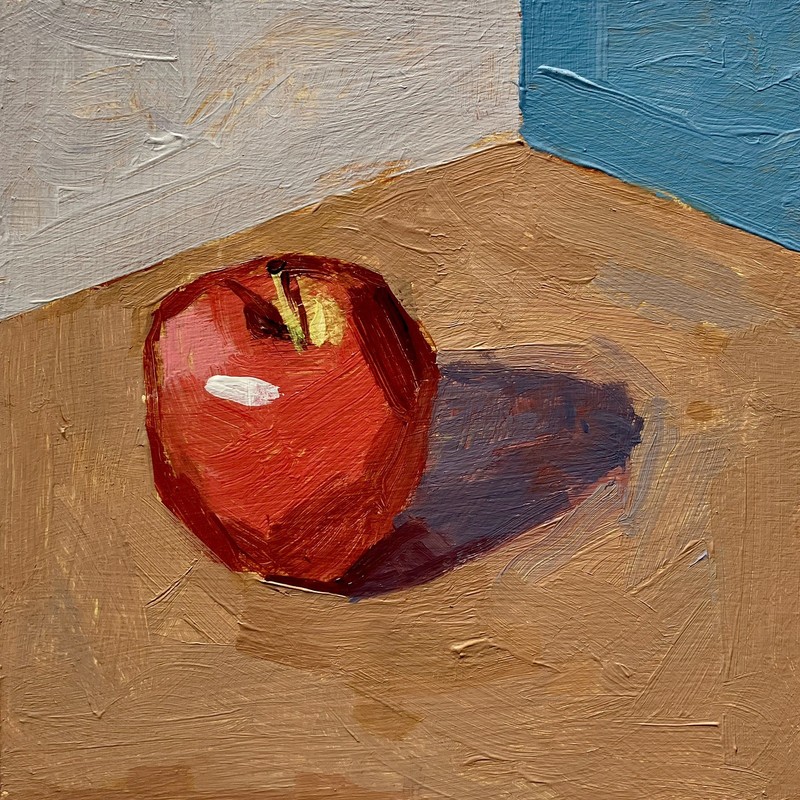 Original Apple Still Life Painting, Acrylic On Hardwood Panel 6×6 inches, Signed
