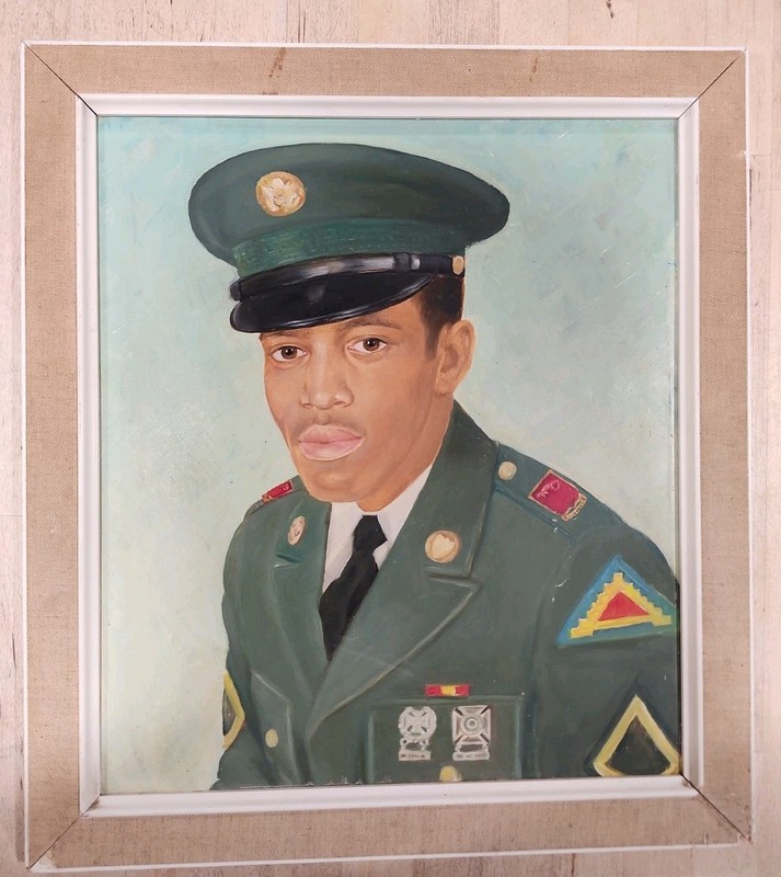 Antique WWII or Vietnam African American Soldier Oil Painting on board gallery