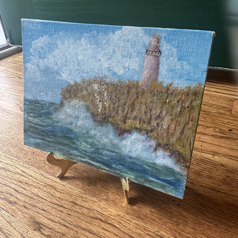 Original Signed Lighthouse Seascape Miniature Painting | Coastal Cottagecore Art