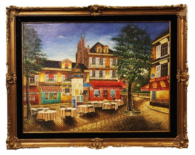 OIL ON CANVAS PAINTING OF FRENCH OUTDOOR CAFE