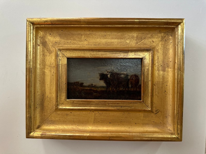 Antique Oil on Panel, Cattle/Cows in Landscape