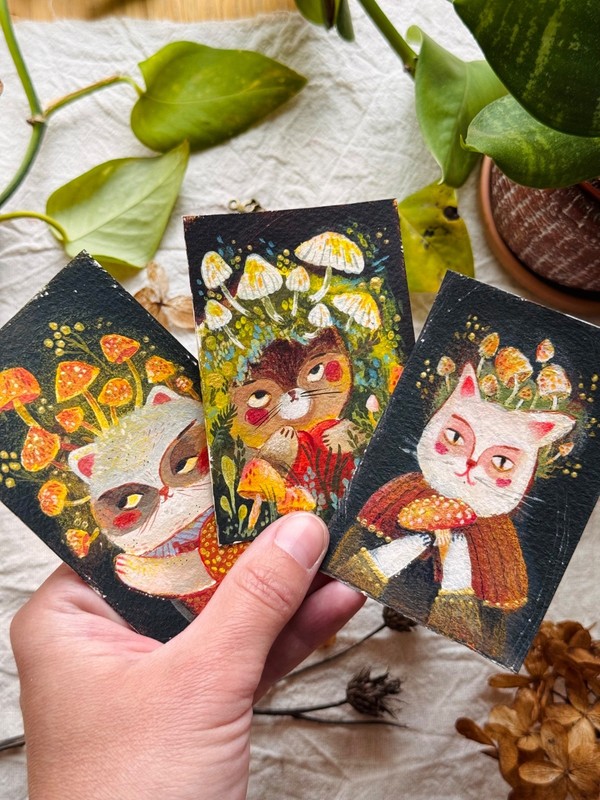 Original ACEO Set 3 in 1 Cat Mushrooms Medieval Style Folk Art OOAK Signed