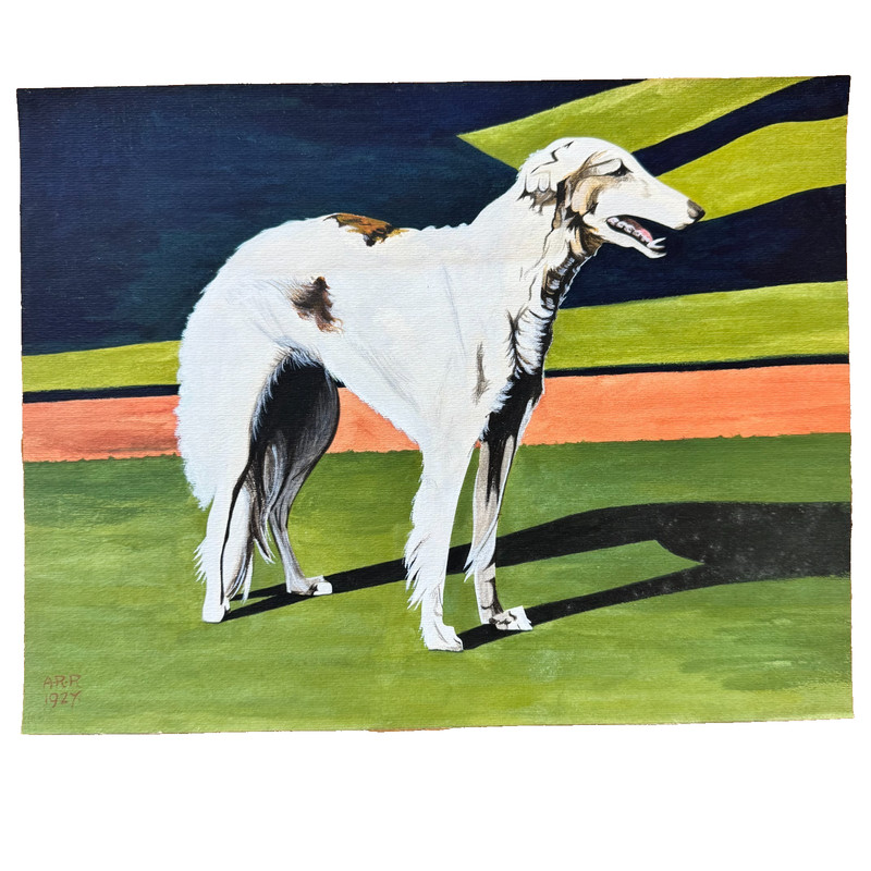 1927 Borzoi Russian Wolfhound Gouache Painting on Board Signed ARR Art Deco