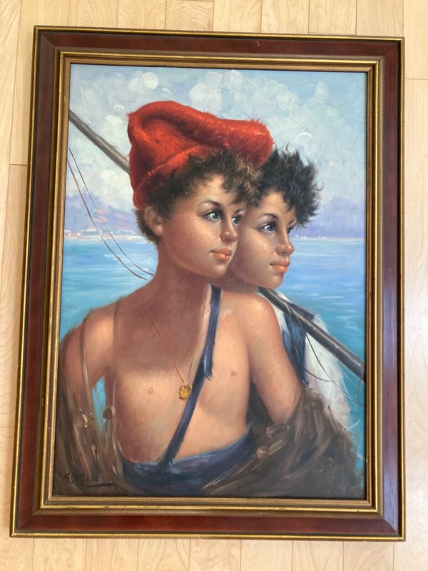 Fabulous Gaetano Vitale Original Oil Painting Italian Artist Children Fishing