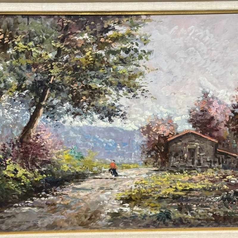 Jean Toulon Oil Painting Landscape Cottage Trees Framed 46x34” Signed Large gallery